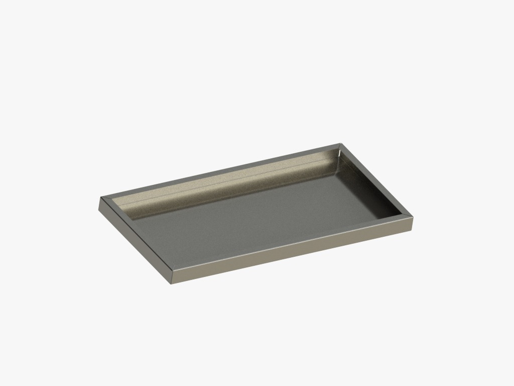 Bükümlü sac raf — müşteri render'ı (200×100×60 mm)